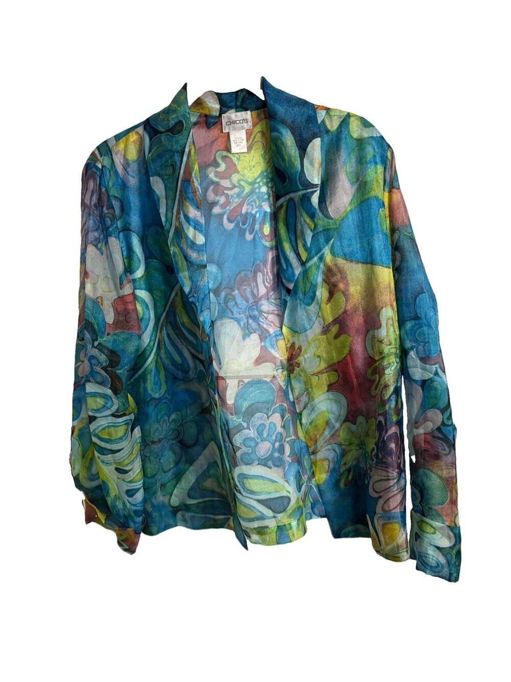 Chicos 1, Multicolor 100% Silk Sheer Flowy Kimono Bust 44”/L24” Whimsy Fairy💐💐